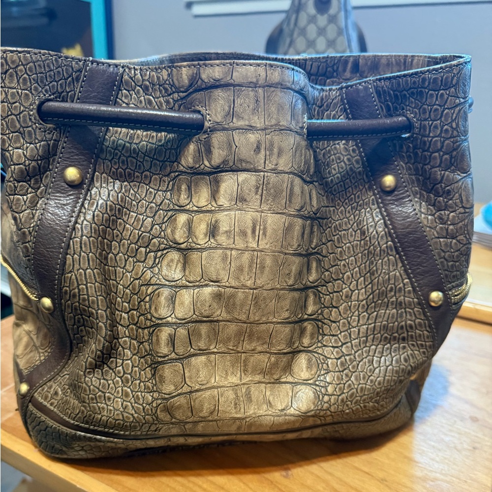 Brahmin Crocodile-Embossed Shoulder Bag in Brown and Tan